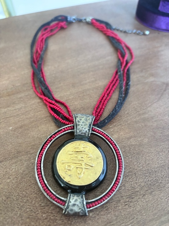 Chico’s Red Beaded Statement Necklace Asian Symbol Pendant Boho Bold - Picture 4 of 5